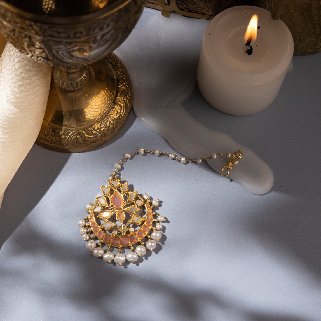 Amara Pink Mother of Pearl Maangtikka - Maangtikka - 925 Silver,Accessories,All Collections,Amara,Gold,Gold Plated,Maangtikka,Semi-Precious