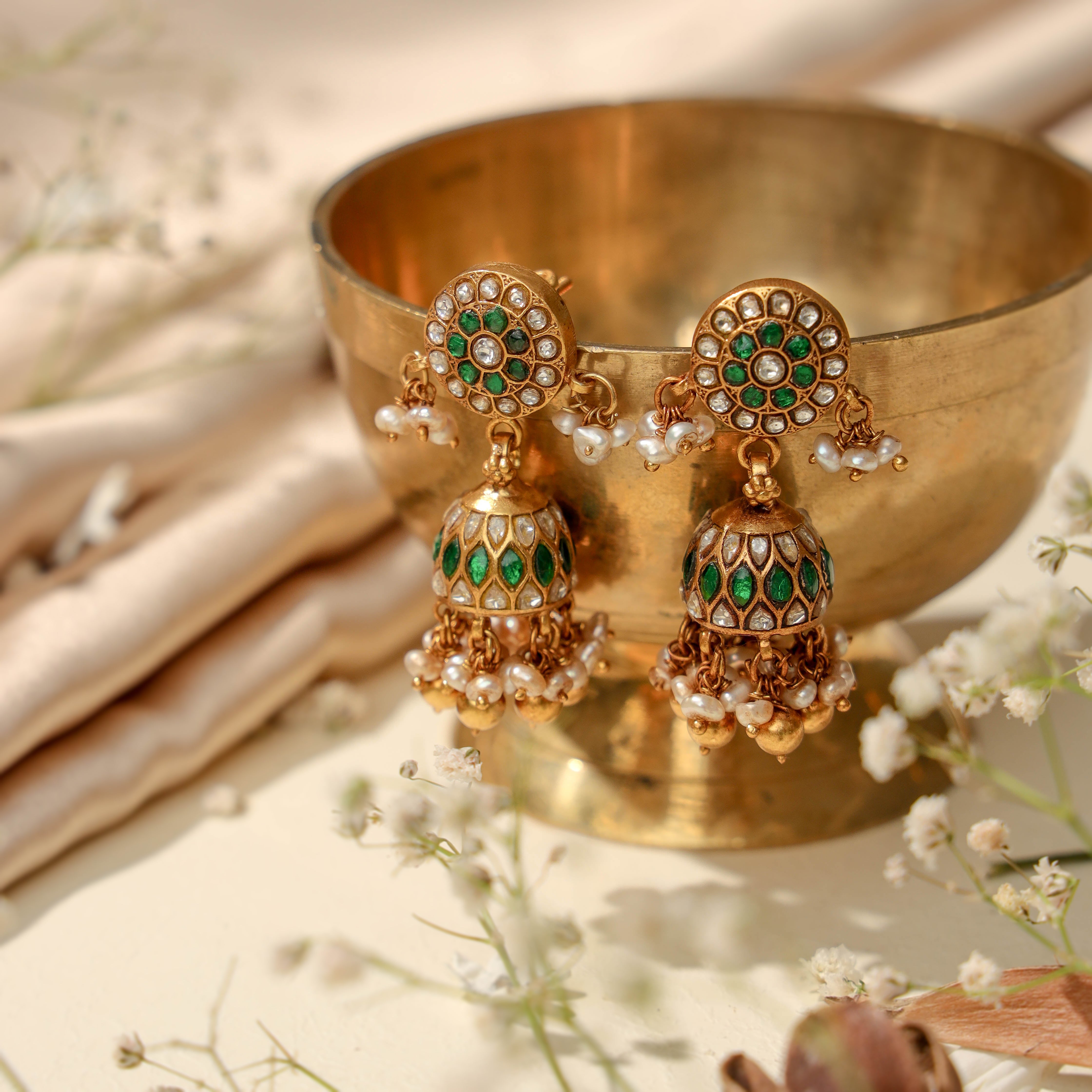 Neema Pacha Bottu Silver Jhumkas - Main Image