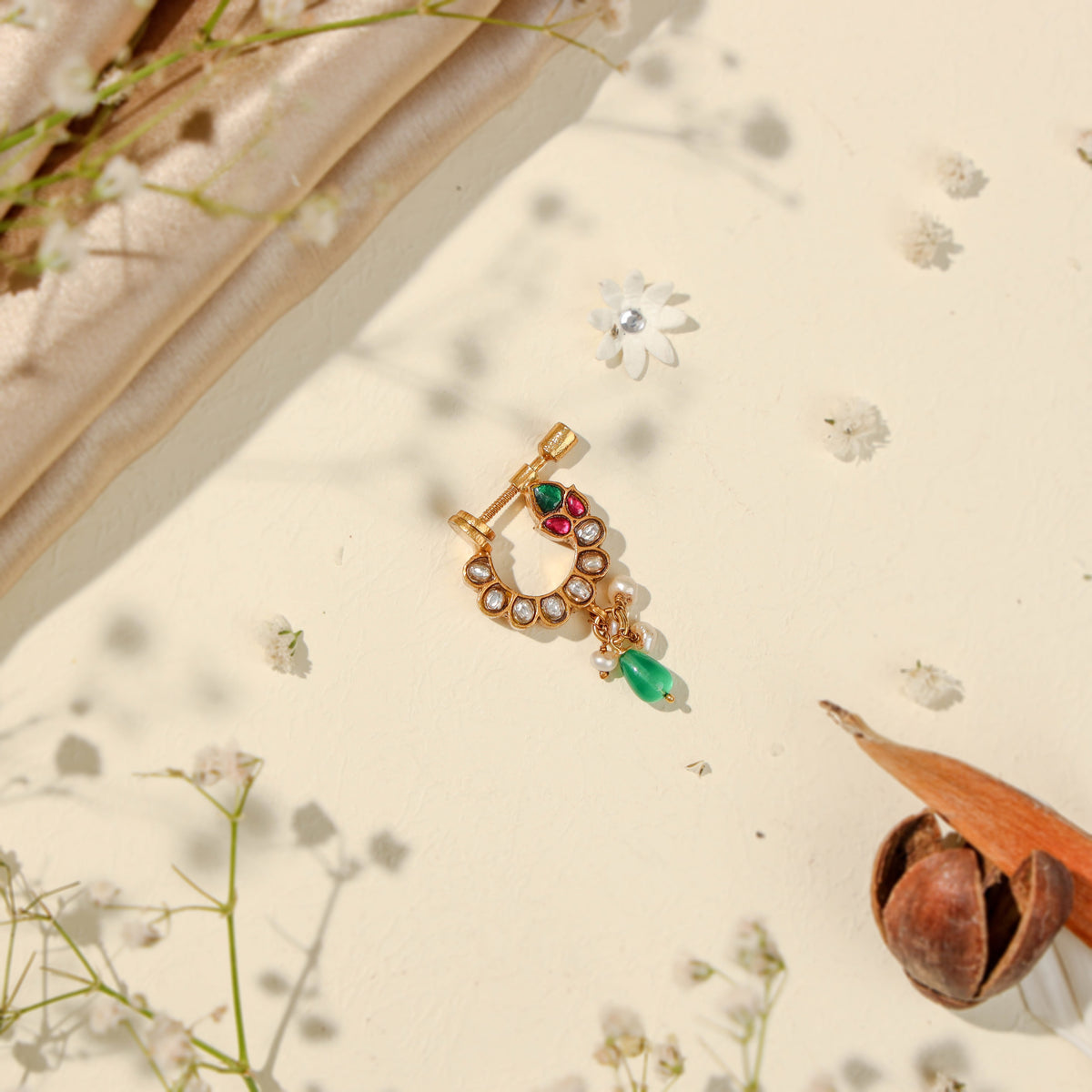 Neema Kundani silver nath nose ring with kundan by Yamoona