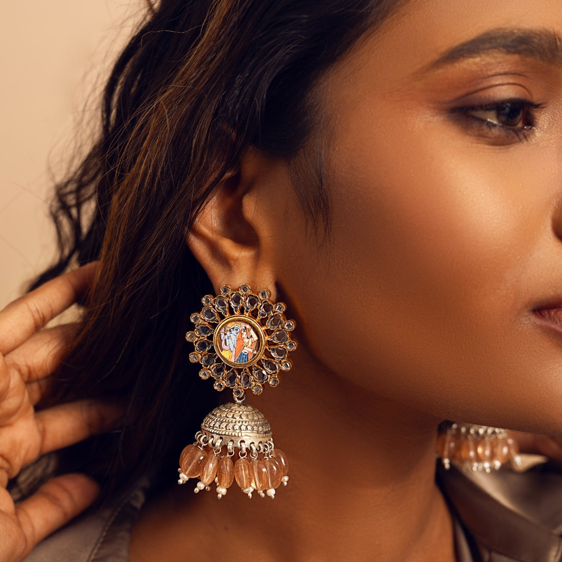 Niovi Radha Krishna oxidized silver jhumka earrings by Yamoona