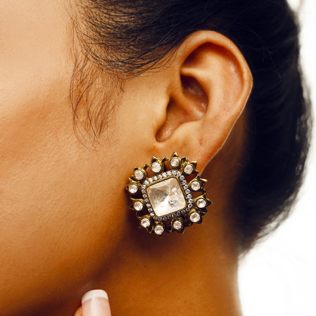 Square-shaped gold-plated stud earrings in a Victorian design featuring moissanite stones.