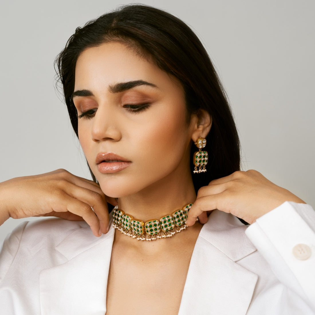 Jadau Necklace - Neema Lattice Choker Set with Earrings, chandi ki earrings design, gold plated silver earrings online india, silver ear jewellery