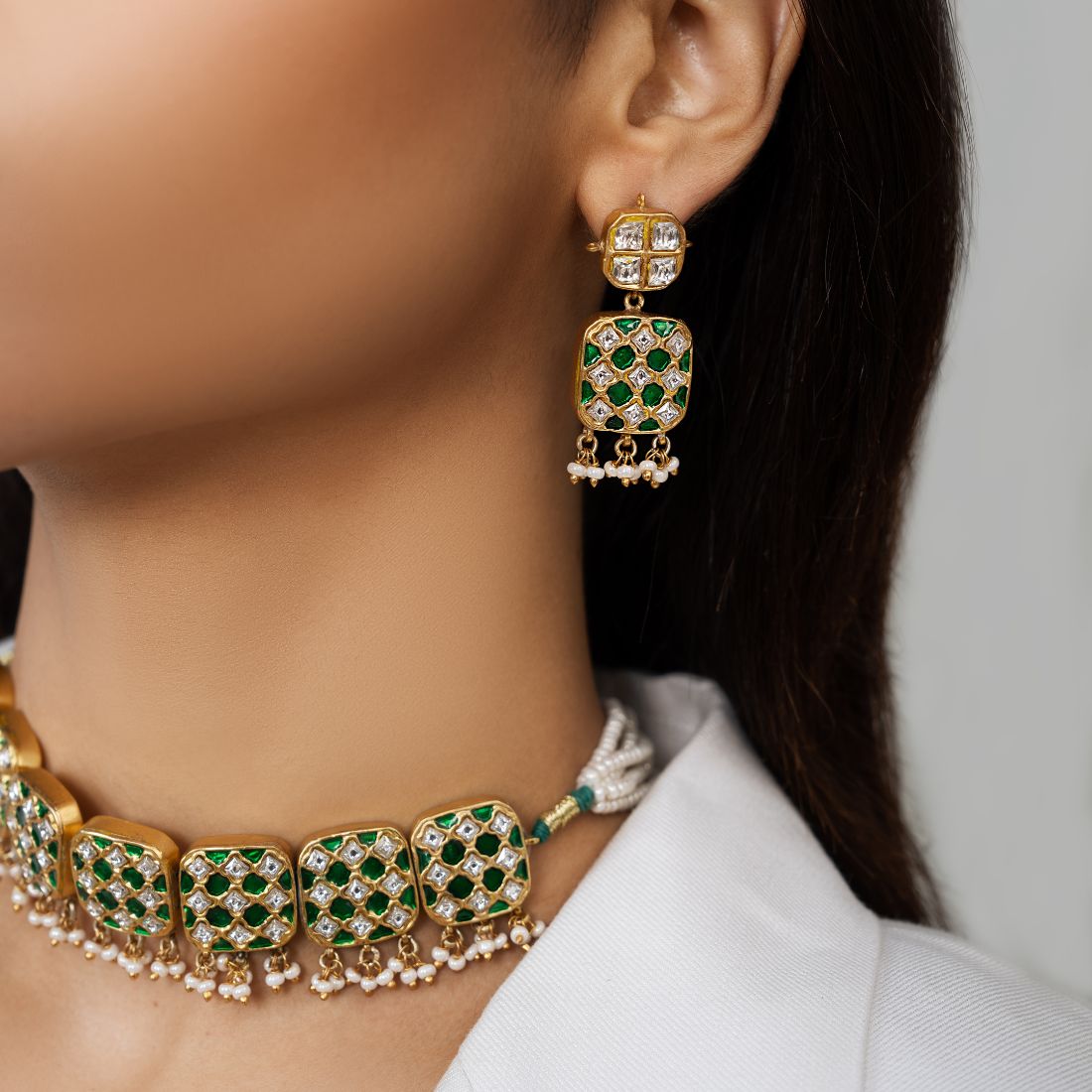 Jadau Necklace - Neema Lattice Choker Set with Earrings, chandi ki earrings design, gold plated silver earrings online india, silver ear jewellery