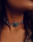 Choker necklace made from real oxidized silver featuring unique charms.