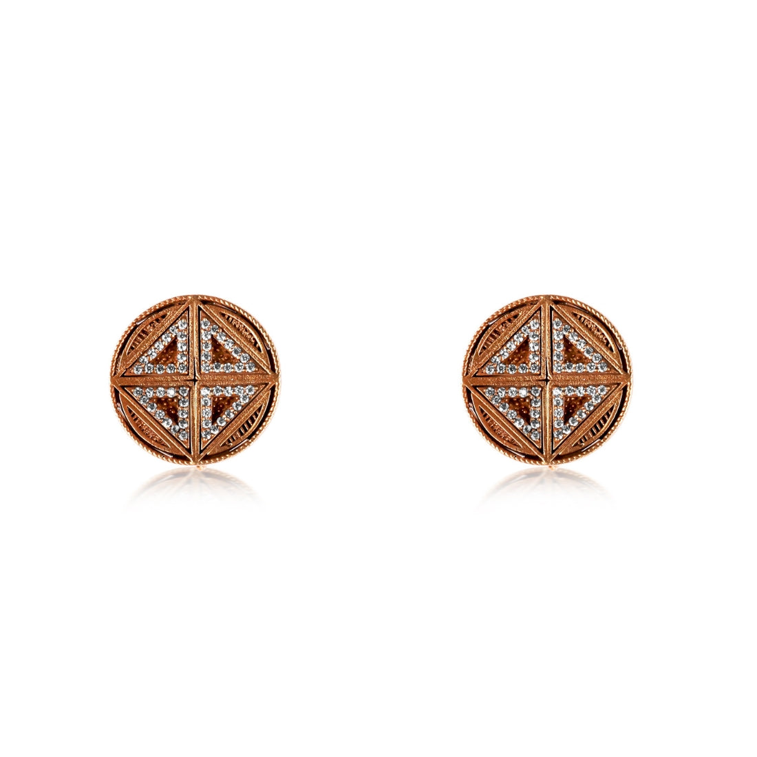 Silver stud earrings featuring intricate geometric patterns with an antique gold finish.