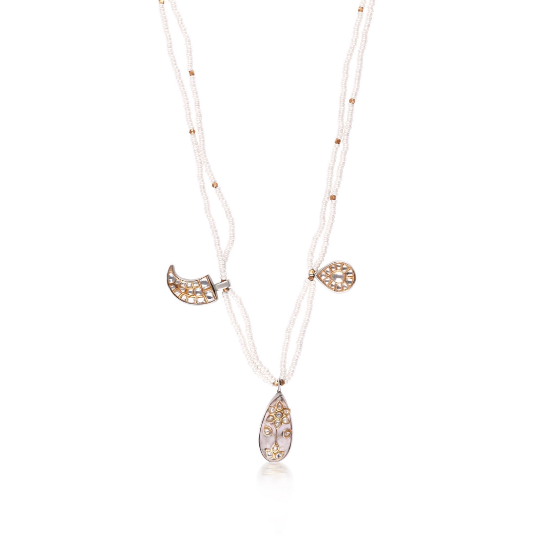 Jadau long necklace featuring a grey center stone with polki detailing, flanked by claw and pear-shaped charms. Delicate pearl strands complete the design.