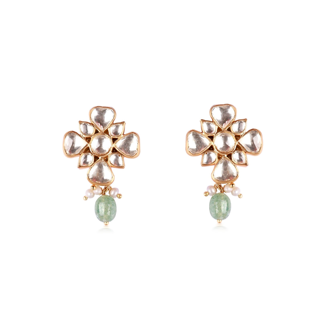 Silver stud earring featuring a floral motif with polki detailing, a pastel green bead, and cascading pearls.