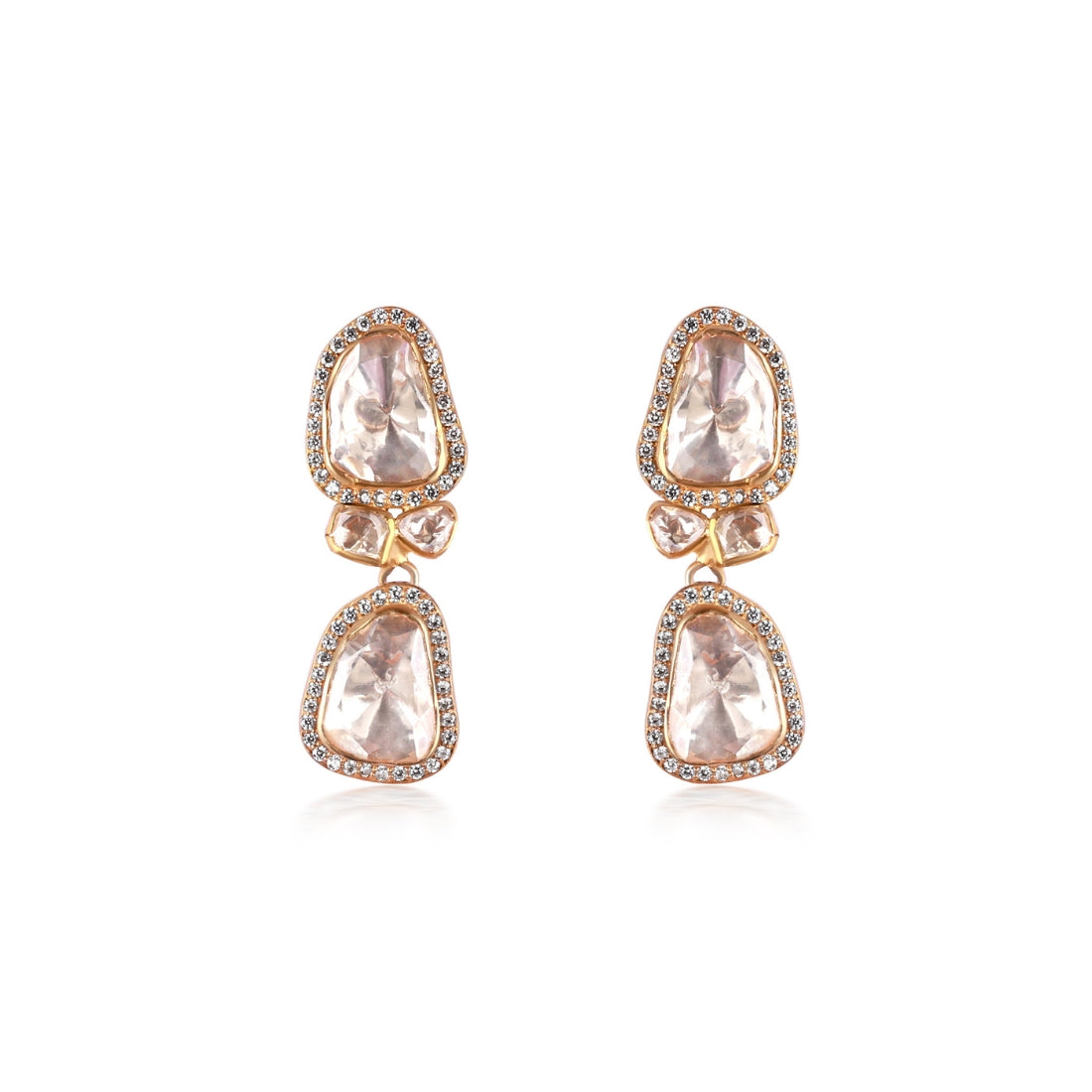 Silver drop earrings featuring various sized moissanite stones surrounded by CZ stones in prong settings. The earrings are finished with a gold plating.