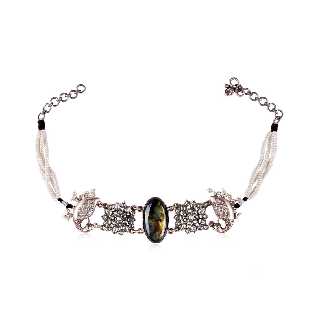 A no background image of an Oxidized silver choker necklace featuring a peacock motif with semi-precious stone accents.