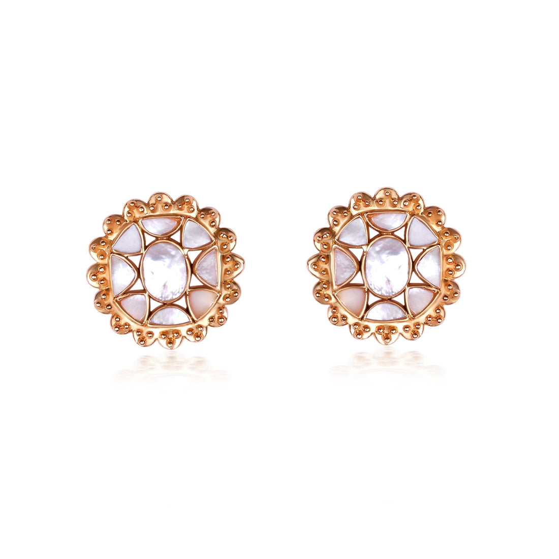 Geometric stud earrings featuring mother-of-pearl with an iridescent finish.