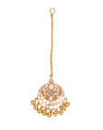 Mother-of-pearl maang tikka featuring hanging gold beads and semi-precious stones.