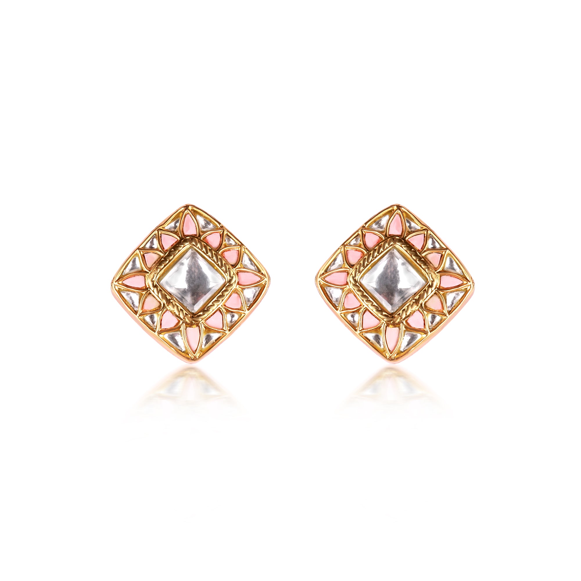 Silver stud earrings featuring a large central polki stone surrounded by smaller polkis and pastel pink stones in a delicate floral pattern. The polki stones have gold plating.