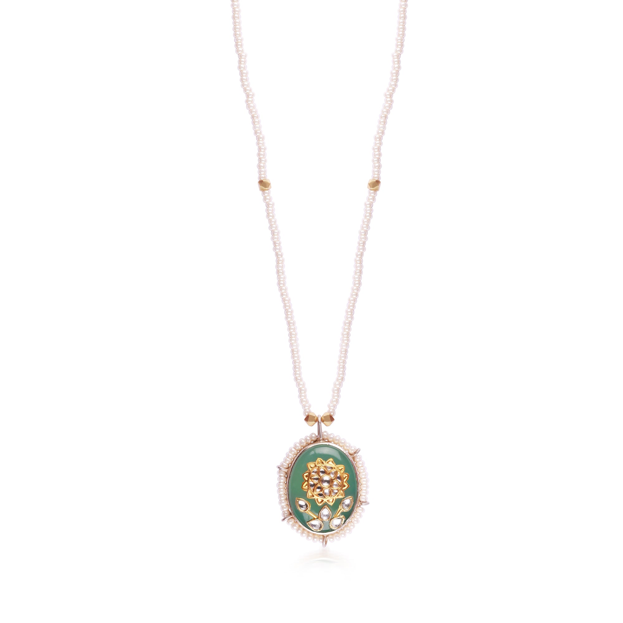 Jadau necklace featuring a sunflower pendant encrusted with polkis and a semi-precious stone, strung on a freshwater pearl strand.